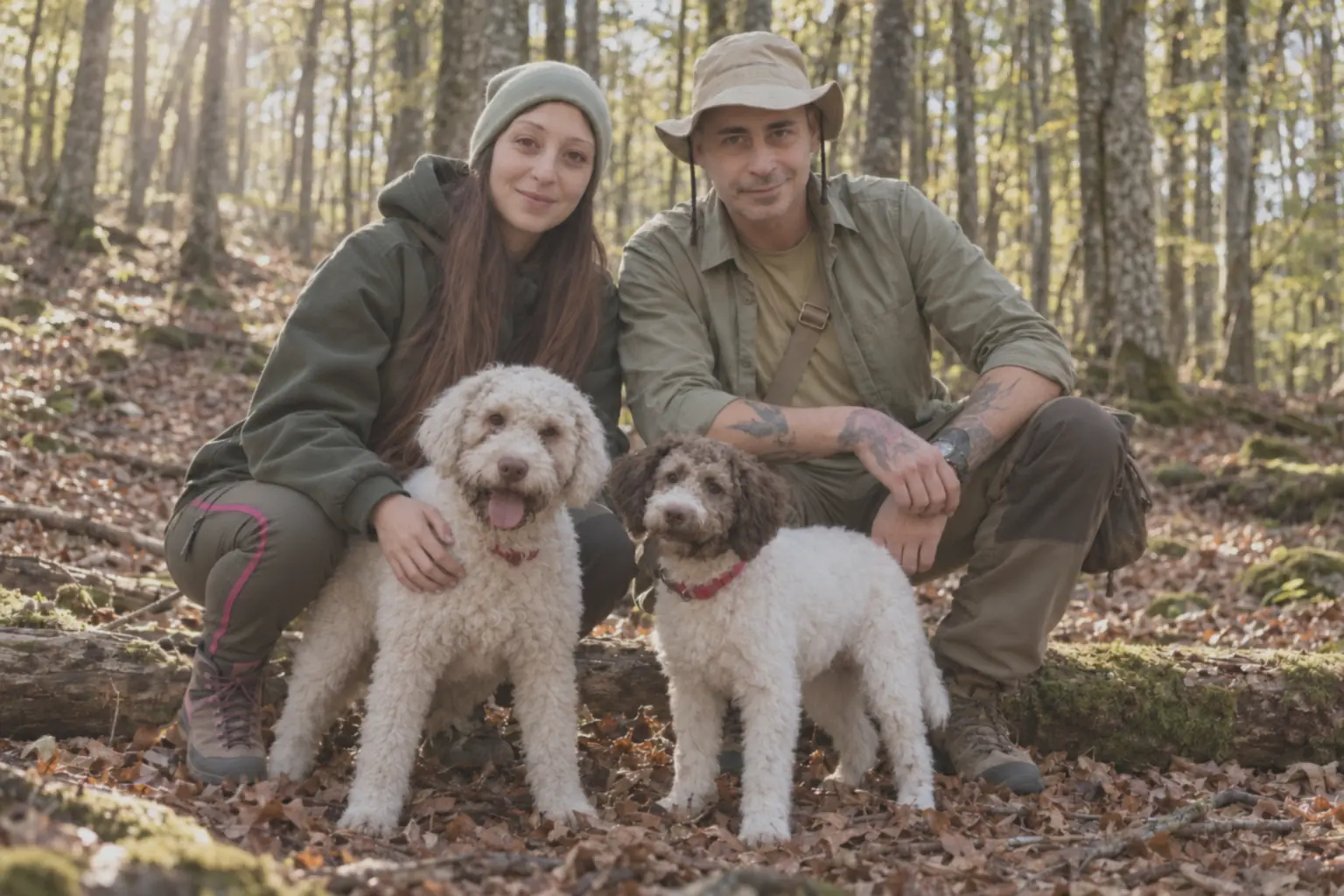 Vittorio e Valentina accovacciati nel bosco al sole, con Diana e Pia davanti